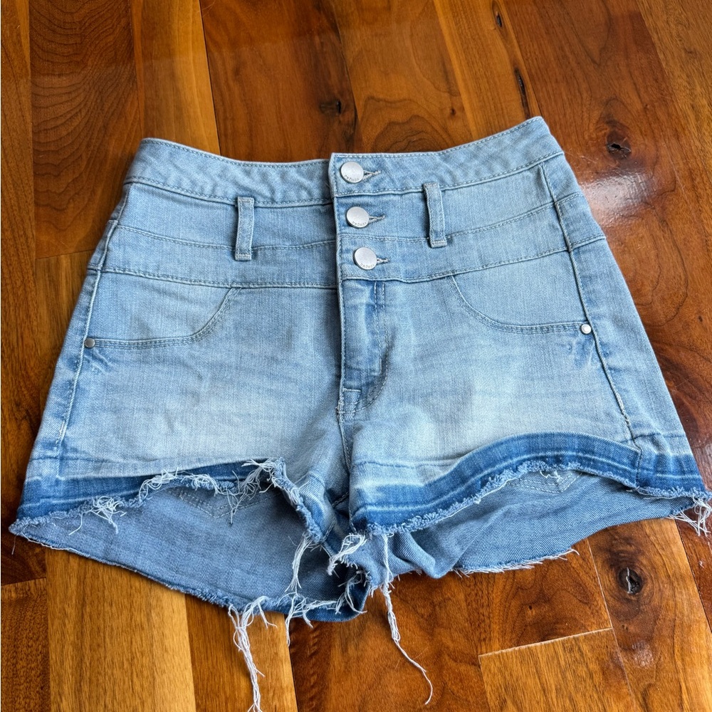 Refuge Blue Jean Shorts with Frayed Hem